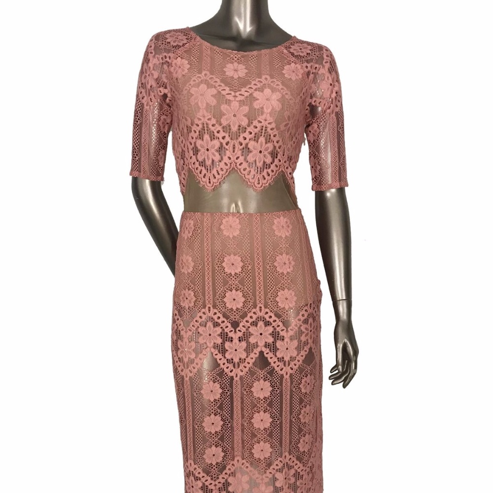 For Love And Lemons Lace Pink Maxi Illusion Dress